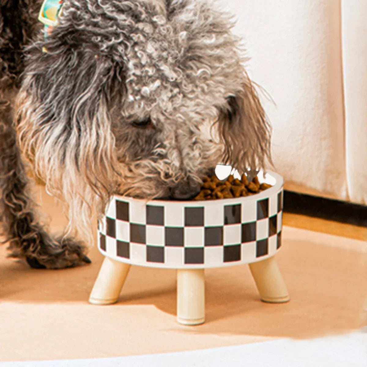 Black And White Polka Dot Checkerboard Pattern Cat Bowl