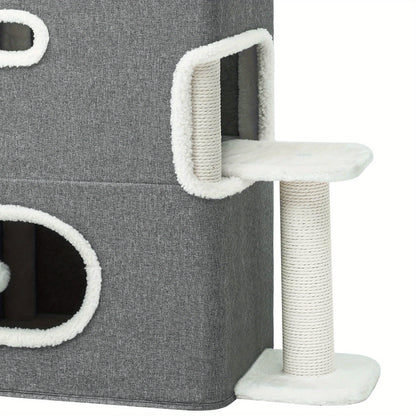 Cozy Double-Layer Cat House with Climbing Stand & Scratching Posts